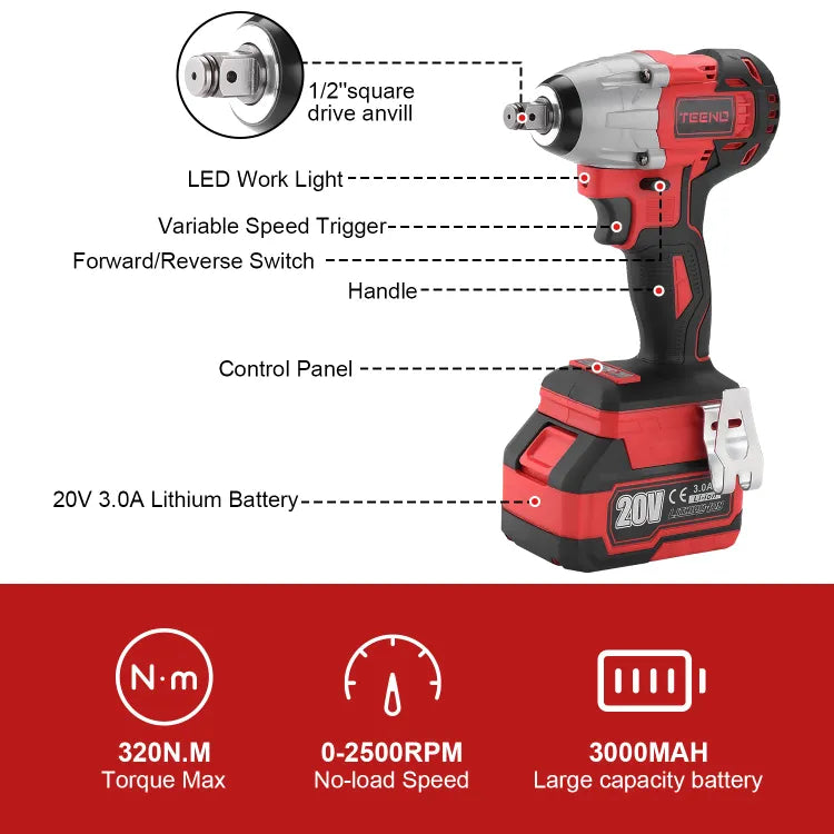 Teeno Clé à chocs sans fil Brushless 320Nm ,2 Batterie 3.0Ah, Commande de changement de vitesse à 2 vitesses