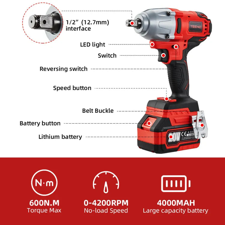 Teeno Clé à chocs 20V Brushless Lithium, Ion Batteries 4.0Ah, 600N.m, deux batteries
